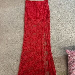 Long red lace skirt